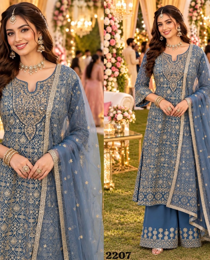 BLUE - Georgette Blue Wedding Wear Embroidery Work Readymade Anarkali Suit